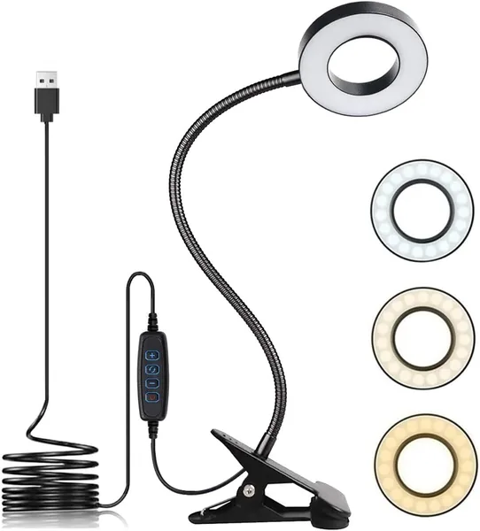 KNAMKY USB LED Desk Lamp Clip On Light, 3 Light Mode 10 Dimmable Brightness Eye Caring Book Adjustable for Reading Studying Working