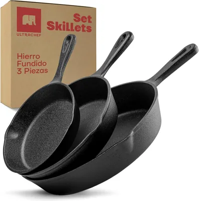 ULTRACHEF Juego de 3 Sartenes de Hierro Fundido con Mango Largo