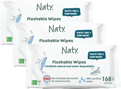 Naty Flushable Babyväskor | 98% Vatten, Hypoallergen & Naturligt för Sensitiv Skin | Parfymfritt, Plantbaserat | Für Nyfödd & Uppmanad
