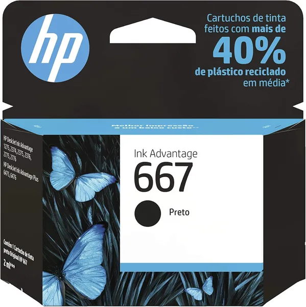 Cartucho de tinta HP 667 Preto Original (3YM79AB) Para Impressora Deskjet 2376, 2776, 6476, 5076, 5276
