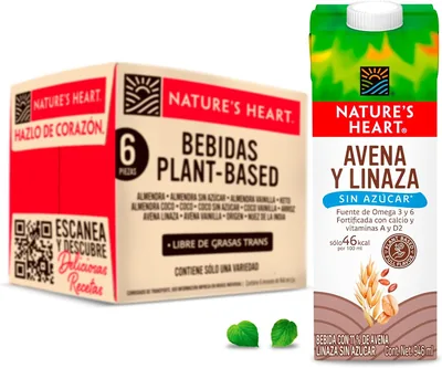 Nature's Heart Avena y Linaza Sin Azúcar, Leche de Avena y Linaza Orgánica, Bebida Vegetal Libre de Grasas, 235.47 MXN