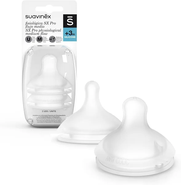 Suavinex Sx Pro Silicone Physiological Teats for Suavinex Bottles, Medium Flow (M), Pack of 2