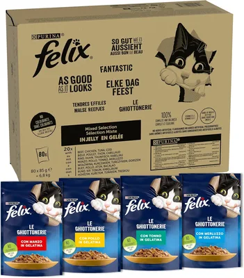 FELIX Le Ghiottonerie Wet Food per Gatti Selezioni Miste, Confezione Maxi da 80 Sacchetti Facili da Servire, Snack Morbidi in Gelatina, 4 Deliziose Varianti
