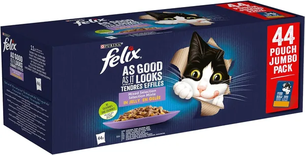 FELIX Fantastic Wet Adult Cat Food, Gelatin, Beef, Chicken, Salmon and Tuna Assortment