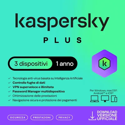 Kaspersky Plus Internet Security 2026 | 3 dispositivi | 1 anno | Anti-Phishing e Firewall | VPN illimitata | Password Manager