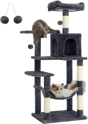 Feandrea PCT161G01 - Griffoir pour Chats Tour de Jeu Hauteur 143 cm avec 4 Poteaux à Griffer, 2 Plateformes, 1 Enclos, 1 Hamac, 2 Po