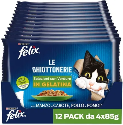 Felix Le Ghiottonerie Wet Food per Gatti Adulti, 48 Sacchetti da 85 g | Snack Gelati con Manzo e Carote, Pollo e Pomodoro
