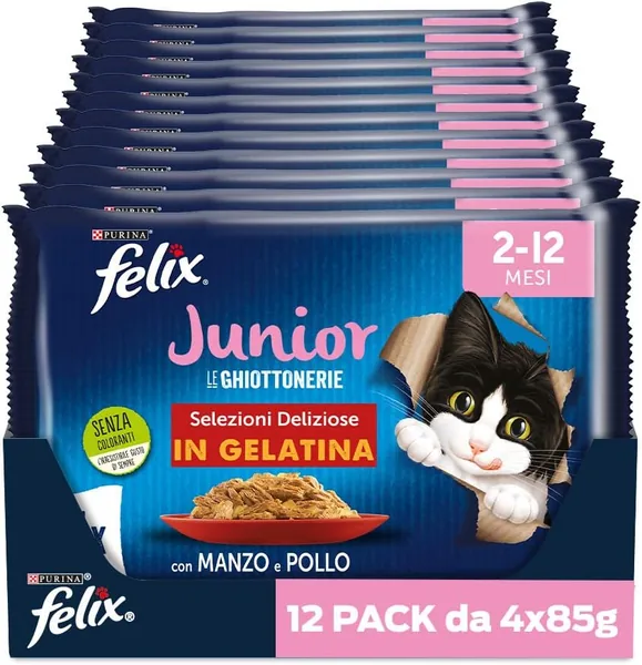 Purina Felix Le Ghiottonerie Wet Food per Gatti Giovani con Manzo e Pollo, 48 x 85 g Borse