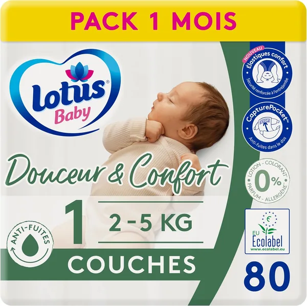 Lotus Baby Douceur & Confort Poussettes Taille 1 (2-5 kg/Nouveau-né) - Paquet 1 Mois, 80 Poussettes