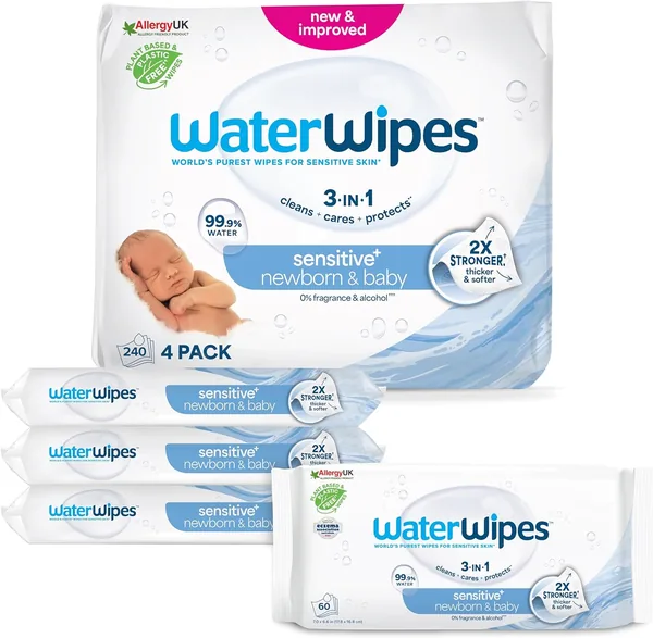 WaterWipes Sensitive+ Newborn & Baby Wipes for Babies and Children, 240 Pieces