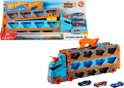 Camión de la autopista Hot Wheels City, pista de coche de 2 metros con lanzador, incluye 3 vehículos (Mattel HGH33)
