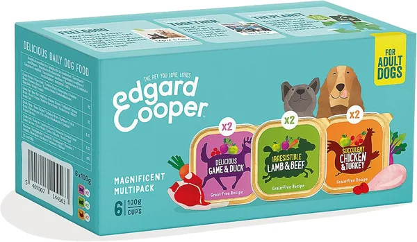 Edgard & Cooper - Aliment humide pour chien adulte sans céréales, naturel, paq. multiples (6 x 100g) : Poulet/Dinde, Agneau/Bœuf (2 de chaque)