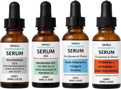 Kit Rutina Facial Diaria de 4 Serums, Niacinamida, Tea Tree, Pantenol, Ácido Hialuronico, Vitamina A, E y Colágeno - Mejor Oferta