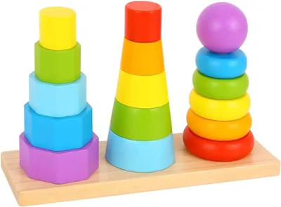 Tooky Toy Wooden Shape Tower Stacking Toy, 17-Piece Geometric Sorting Blocks, 50% Off