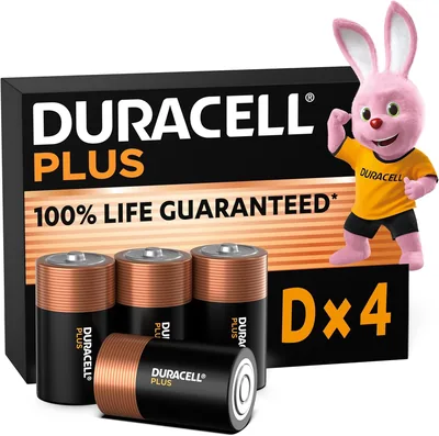 Baterías Duracell Plus D (paquete de 4) - Alkalina 1.5V - Garantía del 100% de vida - Fiabilidad para dispositivos cotidianos - Sin plástico