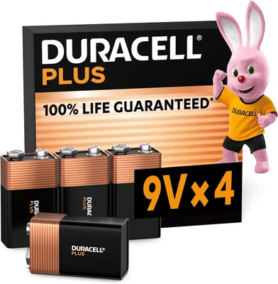 Duracell Plus 9V Alkaline Batterijen, 4 Stuk, 6LR61 | 100% Levensduur Garantie - Betrouwbaar Voor Dagelijkse Apparaten - 0% Plastic