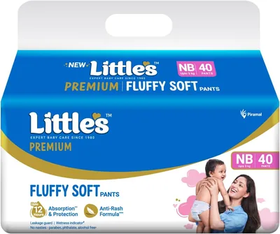 Little's प्रीमियम न्यू बॉर्न बेबी डाइपर पैंट्स (NB) | 5 किलोग्राम तक | 40 काउंट - पैक ऑफ़ 1 | फ़्लफ़ीसॉफ्ट बेबी डाइपर्स के साथ लीक रोकथाम