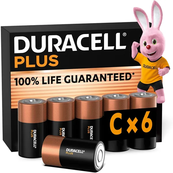 Duracell Plus C Batteries (6 Pack) - Alkaline 1.5V - 100% Life Guaranteed - Reliability For Everyday