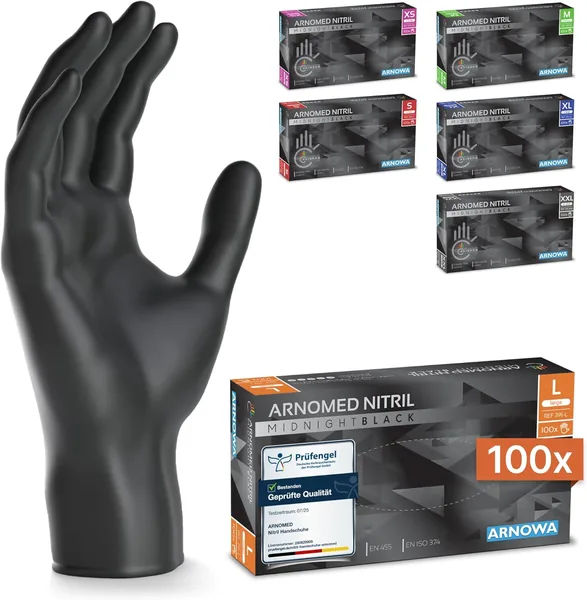 ARNOMED Disposable Gloves, Pack of 100 Black L Nitrile Gloves