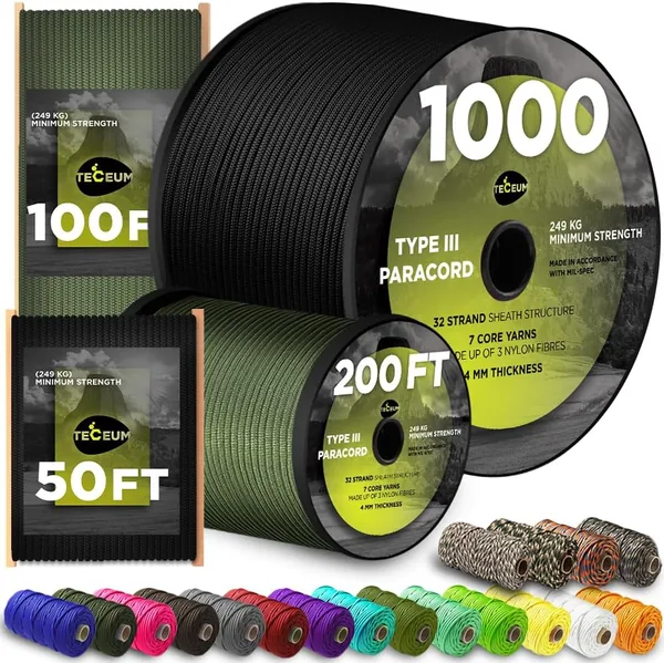 TECEUM Paracord Type III 550 Black - 100 ft - 4mm - Tactical Rope MIL-SPEC - Outdoor para Cord