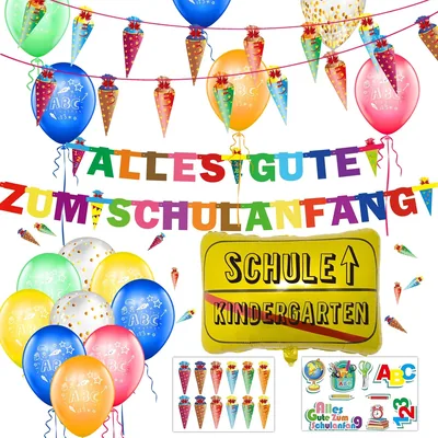 Schulanfang Dekorationsset, 'Alles Gute zum Schulanfang' Girlande + Zuckerbeutel-Banner + 18 Ballons mit ABC 123