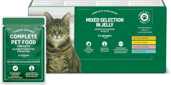by Amazon Grain-Free Complete Wet Food for Adult Cats, Mixed Selection In Jelly, 4.8 kg (48 pouches of 100g)