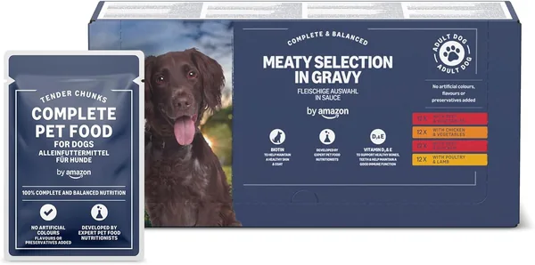 by Amazon Complete Adult Dog Food - Selection of Meat in Sauce, 4.8 kg (48 Packs of 100 g)
