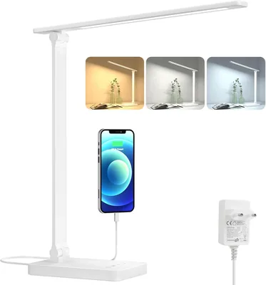 Lepro LED Schreibtischlampe 15 W, 655 lm, 3 Farbmodi und 5 Helligkeitsstufen | Dimmbar, USB-Anschluss