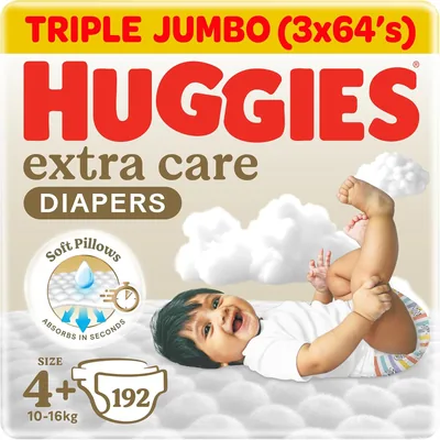 Huggies Extra Care Baby Diapers, Size 4+, Mega Pack, 192 Pcs - 25% Off