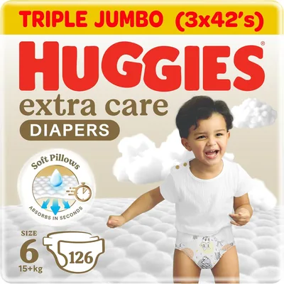 Huggies Extra Care Baby Diapers, Size 6 (15+ kg), Super Mega Pack (126 Diapers) - 23% Off