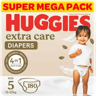 Huggies Extra Care Baby Diapers, Size 5 (12-22 kg), Super Mega Pack, 180 Diapers - Save 31%