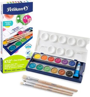 Pelikan K12 Malbox mit 3 Pinseln Schulset | Pelikan K12 Deckfarbenkasten 12 Farben mit Deckkraft Weiß & Pinsel für die Schule
