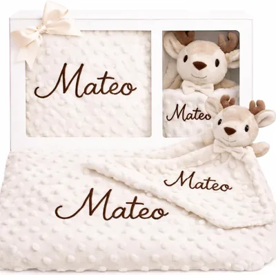 Mantel de lana con Doudou Personalizado: Nuevo Nacimiento, Nombre bordado | Suave y coincidente