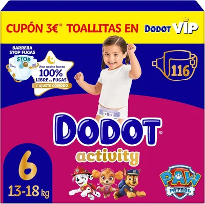 Dodot Actividad Pañales para Bebés, Talla 6 (13-18 kg), 116 Pañales, Protección contra Fugas de hasta 12 horas y Ajuste, Paquete Mensual