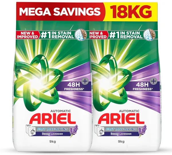 Ariel Fast Dissolving Laundry Detergent Powder with Lavender (2x9) 18 KG