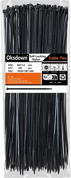 Oksdown 100 Pack Black Plastic Cable Ties 300mm 3.6mm Heavy Duty Strong Nylon Premium Self Locking 12 inch/30 cm Long Zip Tie Wraps