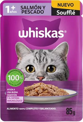 Whiskas - Sobres para Gato Adulto, 24 Piezas, Salmón y Pescado, 85g, Fibras, Vitaminas y Taurina