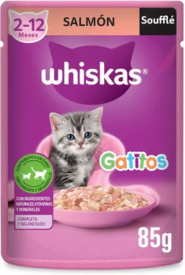 Whiskas - Alimento Húmedo para Gatitos, Sabor a Soufflé de Salmón, 24 Sobres, 85 gr. (29% Off)
