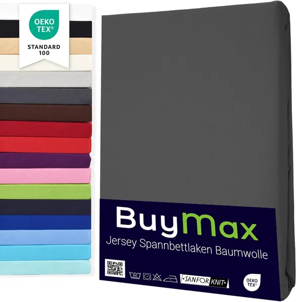 Buymax Fitted Sheet 100% Cotton Jersey for Mattresses up to 25 cm High 90 x 200 cm Anthracite