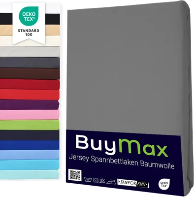Buymax® Fitted Bettlaken, 100% Baumwoll-Jersey, für Matratzen bis 25 cm Höhe, Oeko-Tex zertifiziert, 140 x 200 cm, Anthrazit-Grau - 32% Rabatt