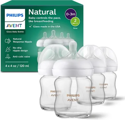 Biberón de vidrio natural Philips AVENT con pezón de respuesta natural, 4 onzas, paquete de 4