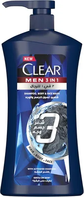شامبو CLEAR MEN 3 في 1 للعناية الكاملة، للشعر والوجه والجسم، بفعالية الفحم النشط لمكافحة قشرة الرأس بشكل 100% - توفير 34%