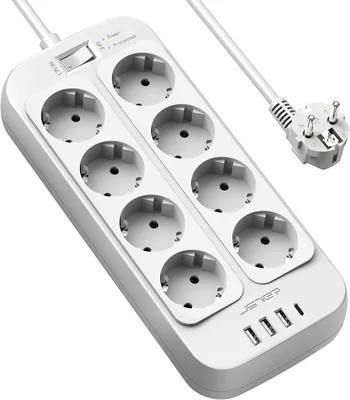 Extensión de Socket JSVER con 4 puertos USB (3 A+1 C) y 8 tomas, protección contra sobretensiones de carga múltiple