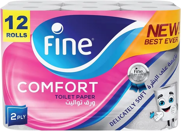 Fine Comfort Toilet Tissues Paper 12 Rolls, 180 sheets x 2 Ply