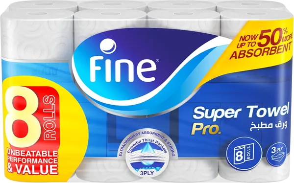 Fine Kitchen Super Towel Pro 8 Rolls 60 Sheets x 3 Ply Paper Tissue