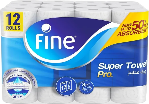 Fine Kitchen Super Towel Pro 12 Rolls 60 Sheets x 3 Ply Paper Tissue