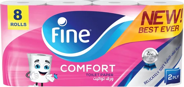 Fine Comfort Toilet Tissues Paper 8 Rolls, 180 sheets x 2 Ply