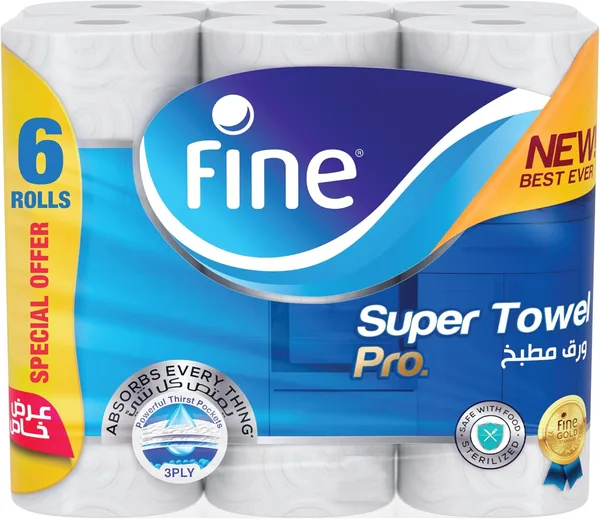 Fine Kitchen Super Towel Pro, 6 Rolls 60 Sheets x 3 Ply Paper Tissue