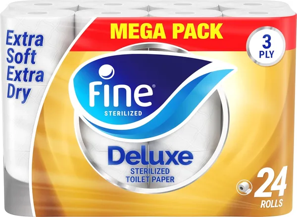 Fine Deluxe Highly Absorbent Sterilized Soft Strong Flushable Toilet Paper 3 Plies Pack of 24 Rolls