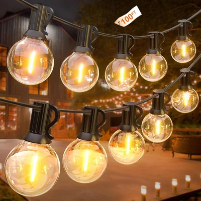 GLUROO 30 m Luces LED Al Aire Libre, Luces Exteriores G40 Impermeables con 50 + 2 Bombillas de Plástico, Luces de Hilo Resistentes al Desgarro